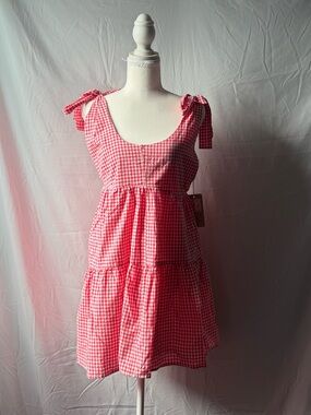Utcoco Red Gingham Tie Strap Babydoll Mini Dress NWT Medium